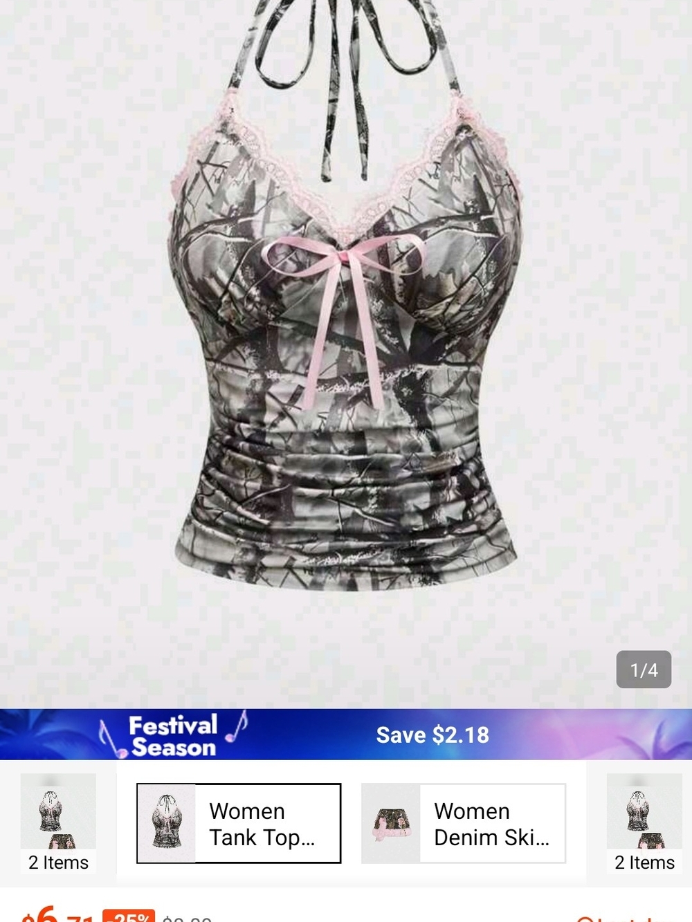 SHEIN Pink Trim Camo Halter Lace-Trim Camisole